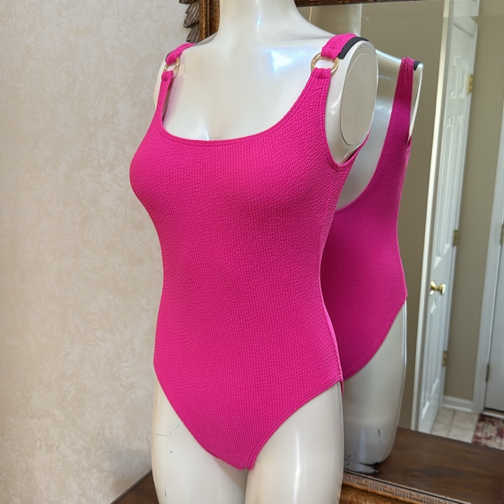 NWOT Michael Kors Vibrant Pink Ribbed Swimsuit.  Size 6. Gold ring hardware.